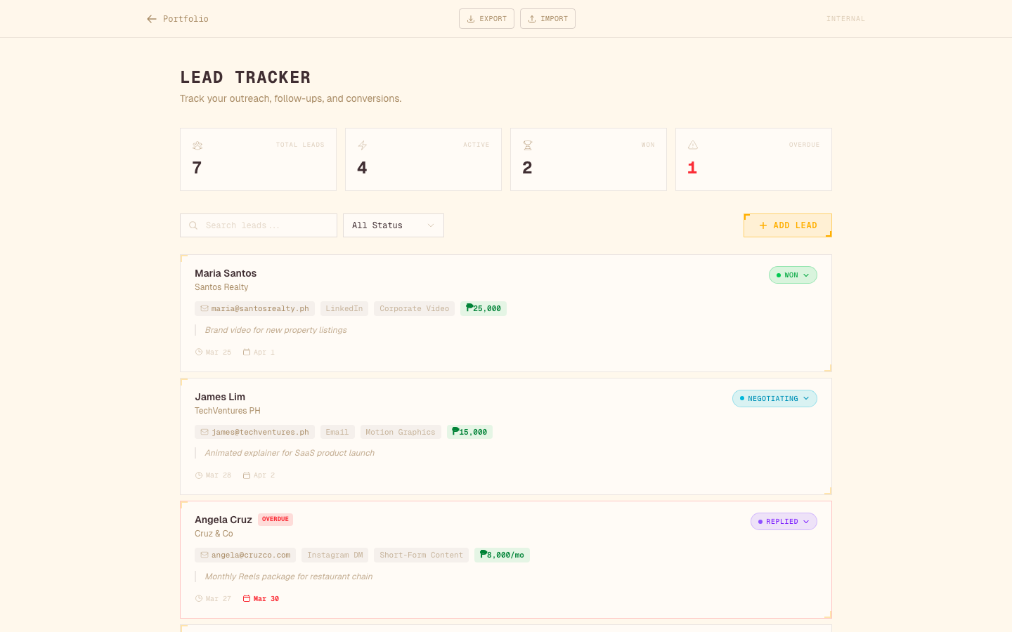 The lead tracker CRM: stats dashboard, pipeline status badges, overdue alerts, and lead cards