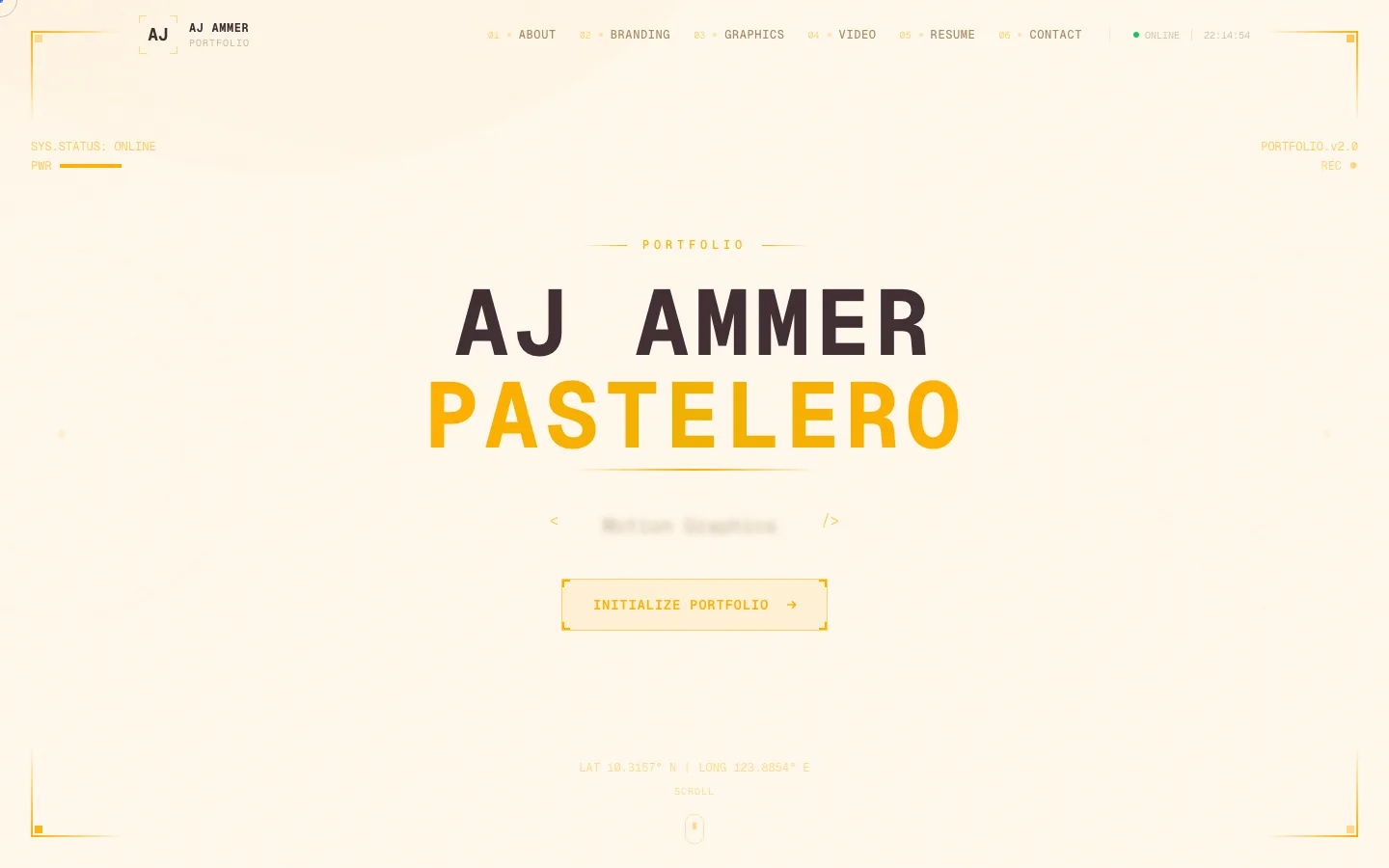 The portfolio hero: scramble text animation, HUD elements, and rotating role titles