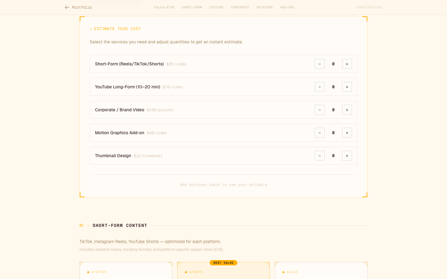 The interactive rate calculator: select services, adjust quantities, get an instant estimate