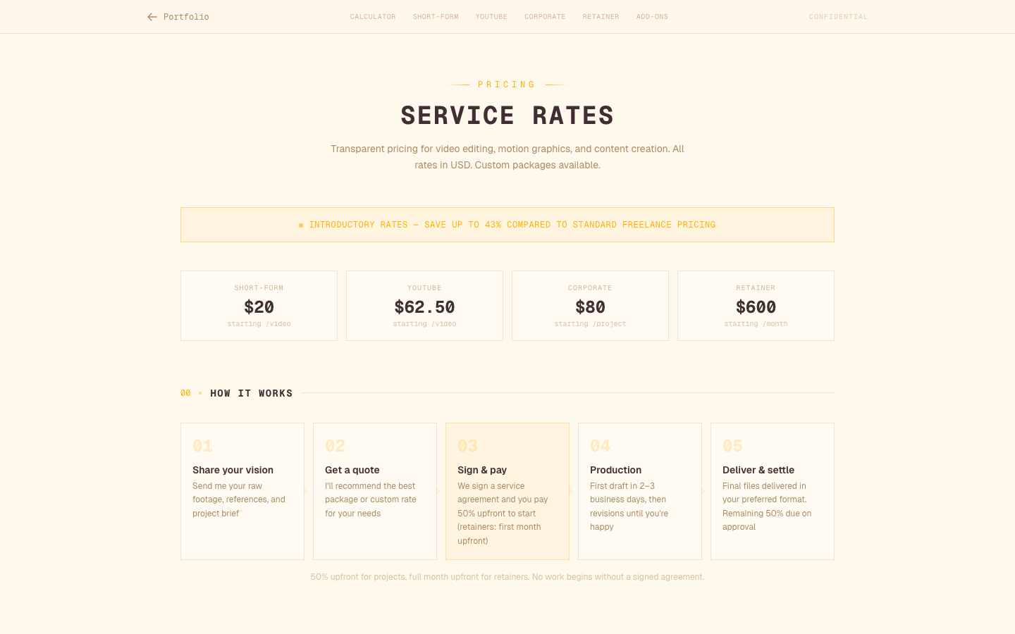 Service rates page: pricing tiers, 5-step process flow, and interactive calculator
